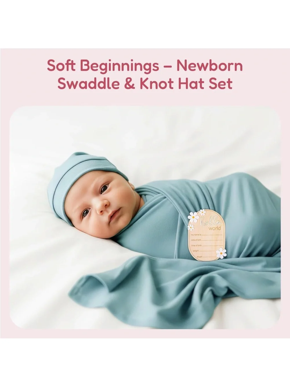 Bliss Teal Blue Baby Swaddle Blanket with Knot Hat Set
